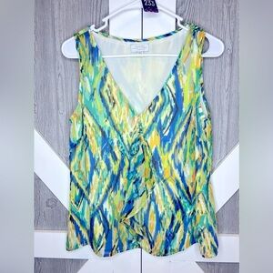 B4.02 Tahari Arthur S Levine Petite Green/Blue Multi Color Lined Tank Blouse PS